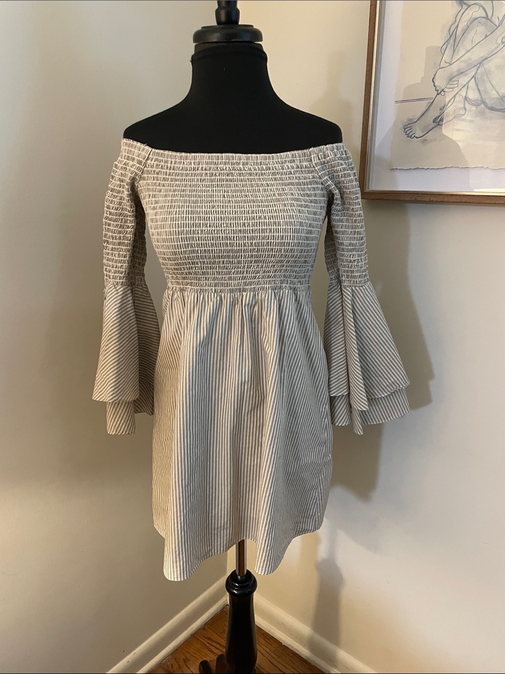 Amanda Uprichard | Tan White Seersucker Striped Flowy Sleeve Smocked Dress-Small